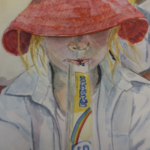 aquarelle d'un garçon mangeant une glace à l'eau au citron. il a un chapeau rouge