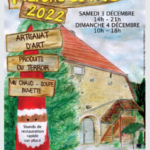 Affiche marché de Noël Busy 2022 - illustration ferme comtoise au crayon avec un père noël pancarte stylisé