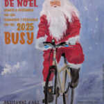 Affiche marché de noël de Busy 2025- illustration: Gouache d'un père noël sur un vélo, fond violet