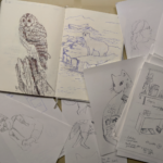 carnets de croquis au stylo : une chouette, un ours polaire, un chat, des personnages
