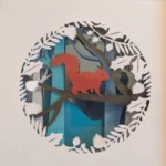 Kirigami écureuil - fond bleu, couronne de feuilles