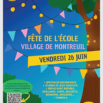 Affiche pour la fête de l'école Village de Montreuil 2025 - Illustration esprit guinguette avec des fanions colorés et des guirlandes lumineuse.