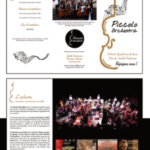 flyer pour le piccolo orchestra de Versailles. photos de concerts, affiches, photo de musiciens avec leur instrument et logo de l'orchestre